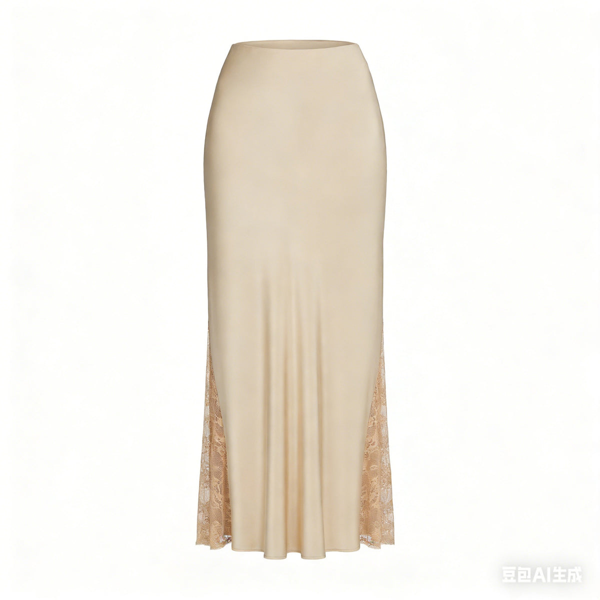Satin Lace Panel Bias Maxi Skirt - Beige