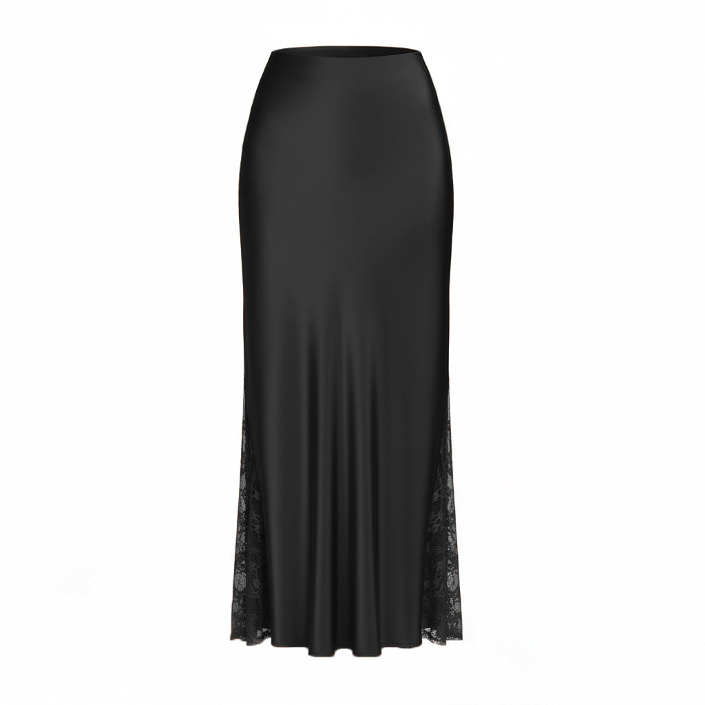 Satin Lace Panel Bias Maxi Skirt - Black