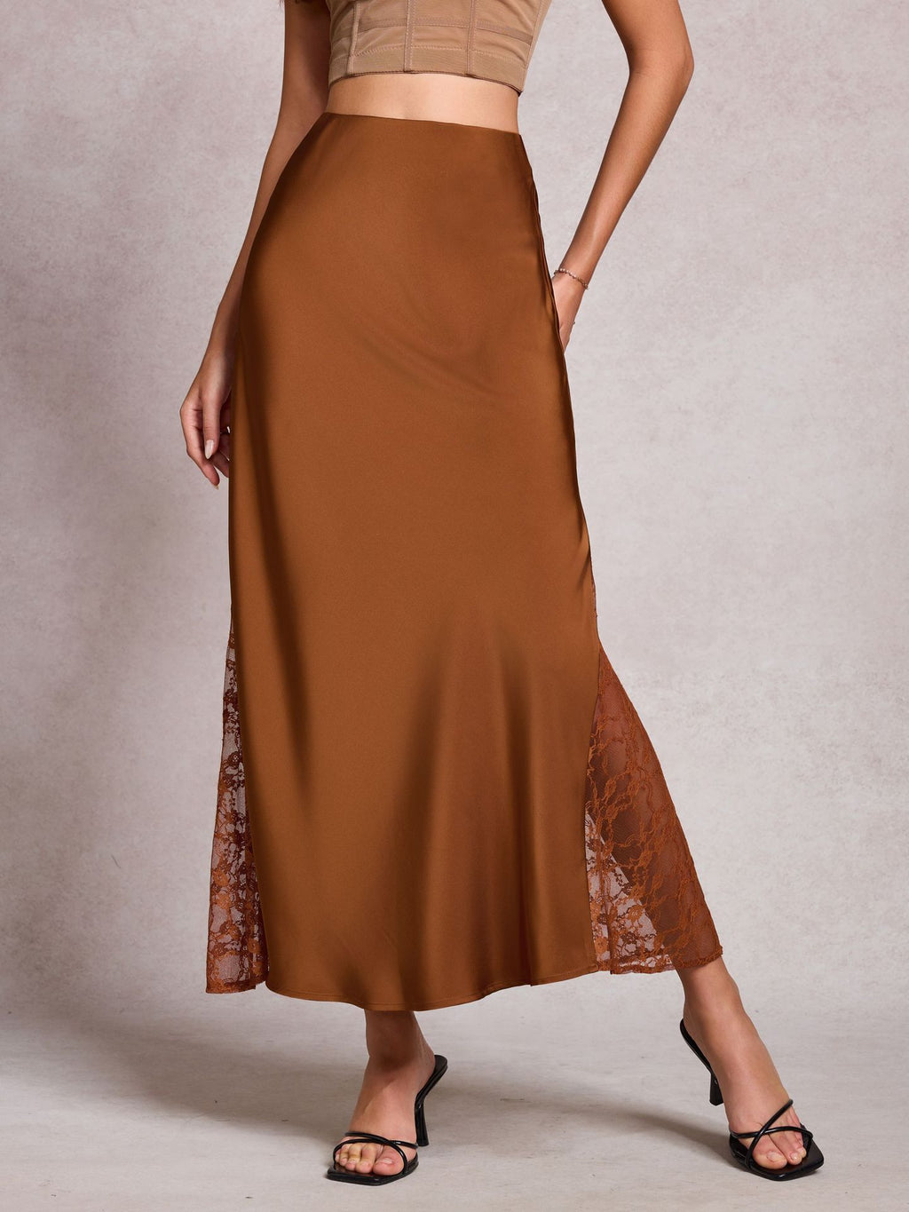Satin Lace Panel Bias Maxi Skirt - Brown