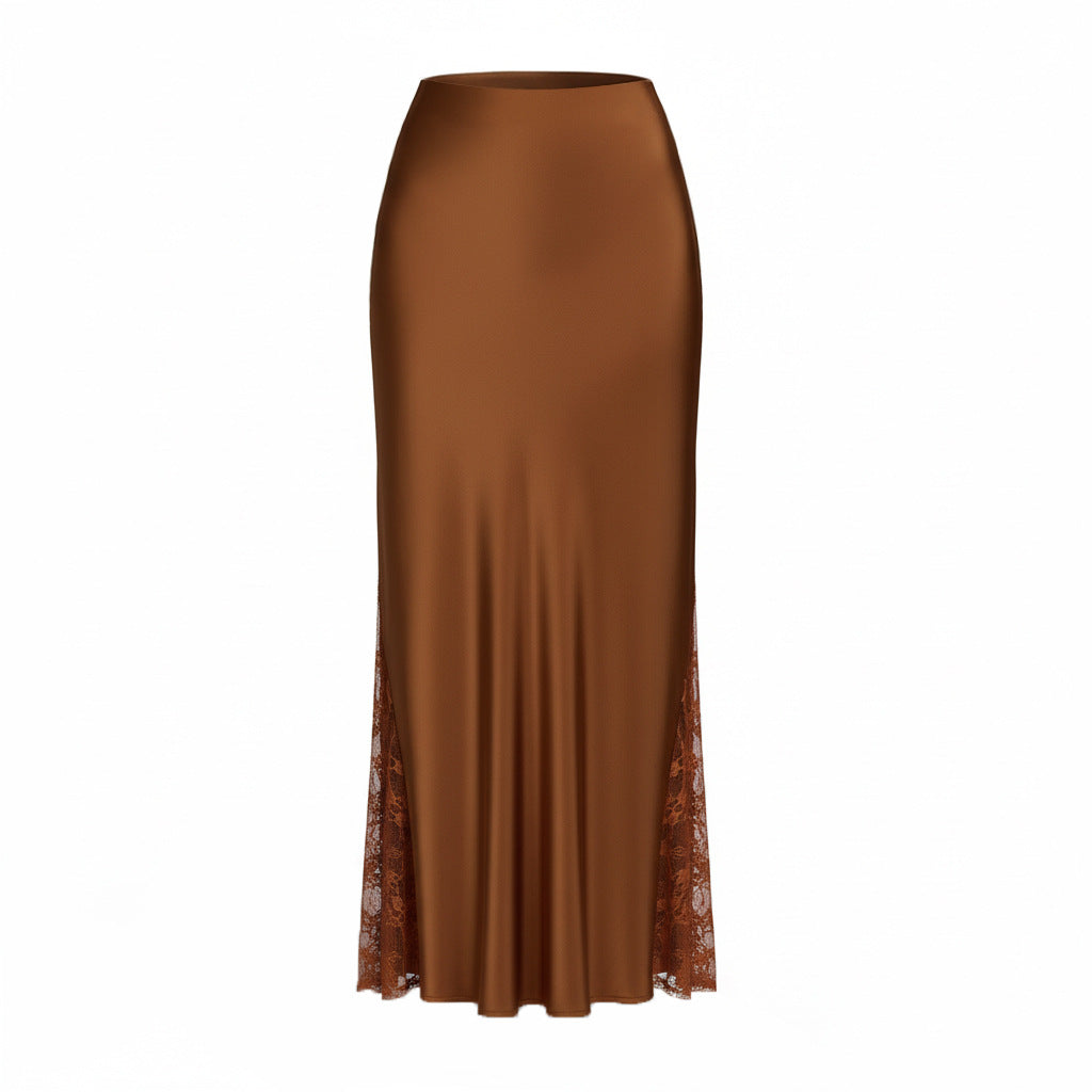 Satin Lace Panel Bias Maxi Skirt - Brown - 1