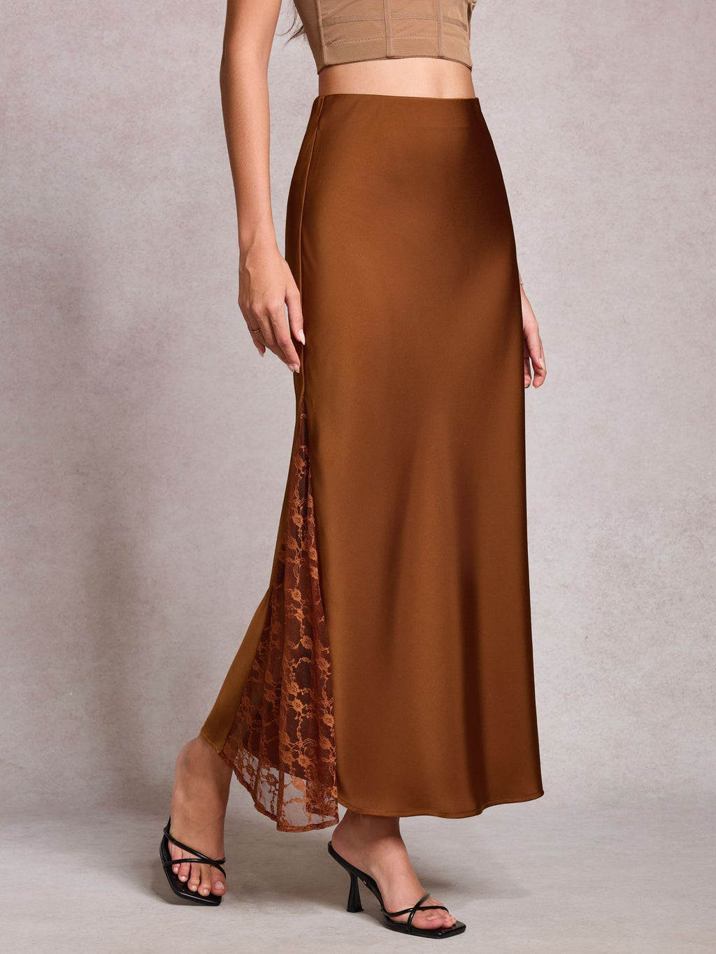 Satin Lace Panel Bias Maxi Skirt - Brown - 2