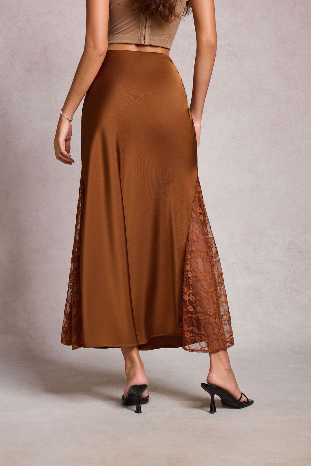 Satin Lace Panel Bias Maxi Skirt - Brown - 3