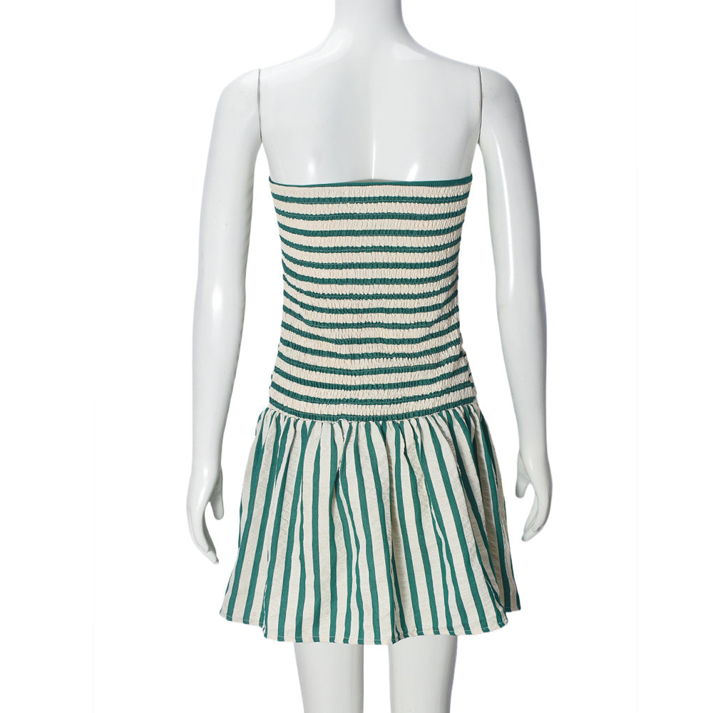 Striped Strapless Drop Waist Mini Dress - Green - 1