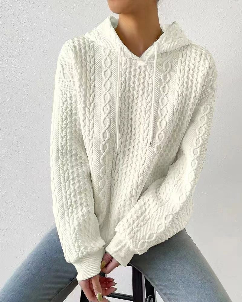 Cable Textured Drawstring Hoodie Sweatshirt - Apricot
