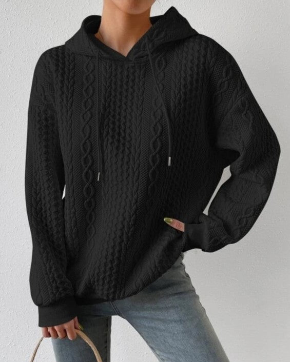 Cable Textured Drawstring Hoodie Sweatshirt - Black
