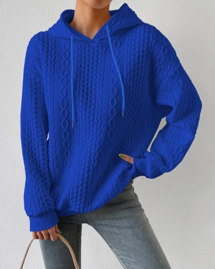 Cable Textured Drawstring Hoodie Sweatshirt - Blue