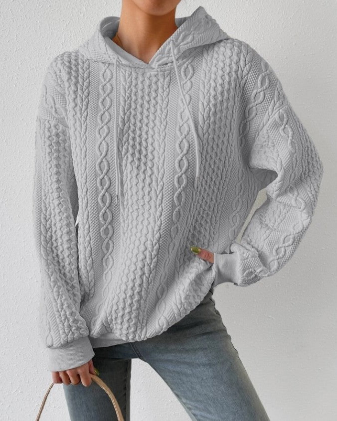 Cable Textured Drawstring Hoodie Sweatshirt - Gray