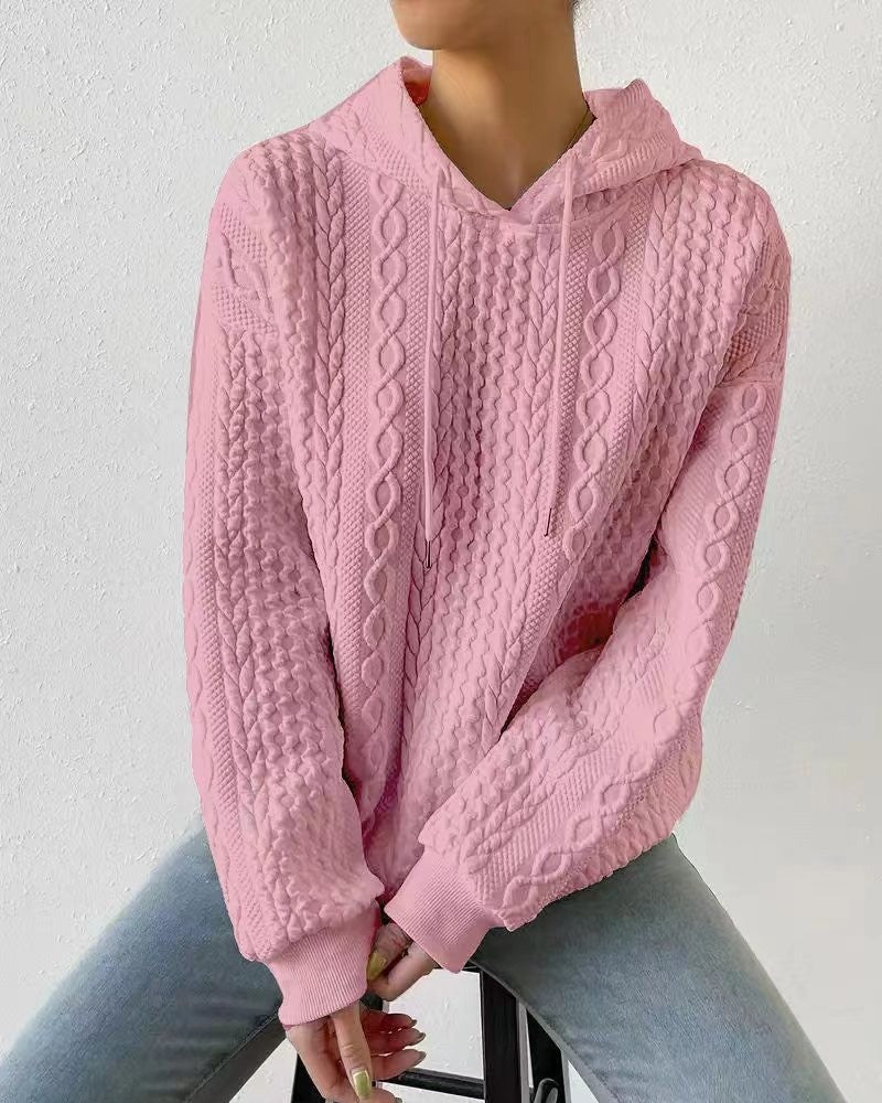 Cable Textured Drawstring Hoodie Sweatshirt - Pink