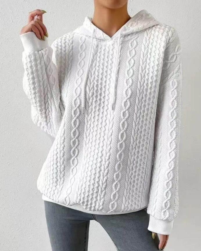 Cable Textured Drawstring Hoodie Sweatshirt - White