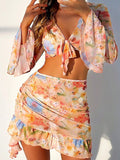 Floral Bikini and Ruffle Cover Up Set - Orange
