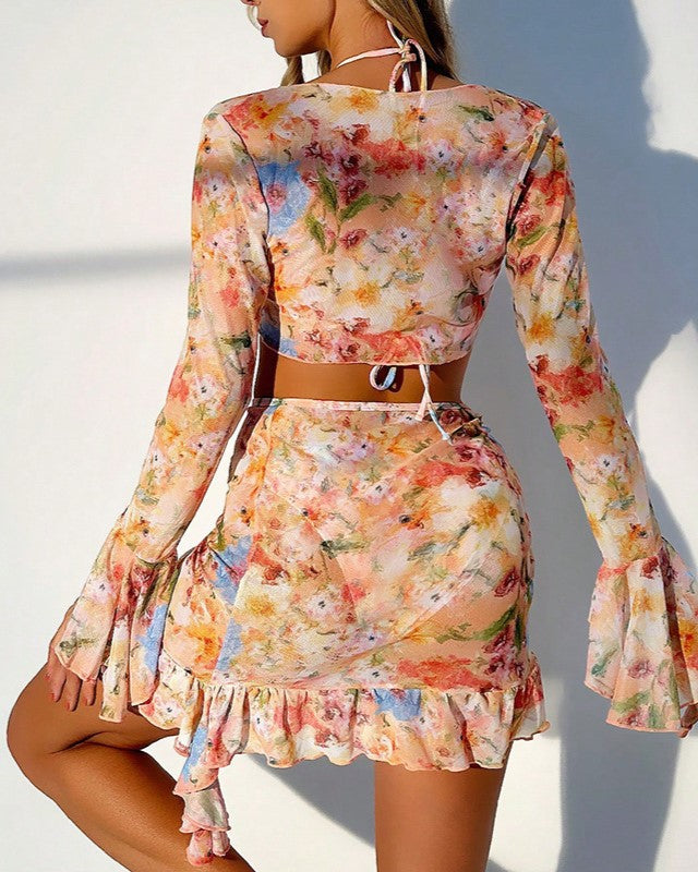 Floral Bikini and Ruffle Cover Up Set - Orange - 1