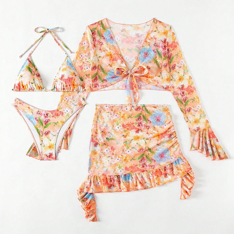 Floral Bikini and Ruffle Cover Up Set - Orange - 2