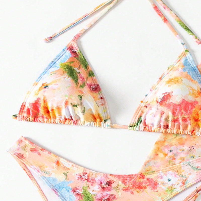 Floral Bikini and Ruffle Cover Up Set - Orange - 3