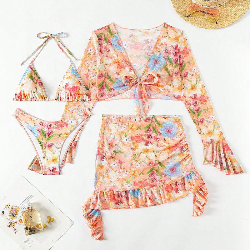 Floral Bikini and Ruffle Cover Up Set - Orange - 4