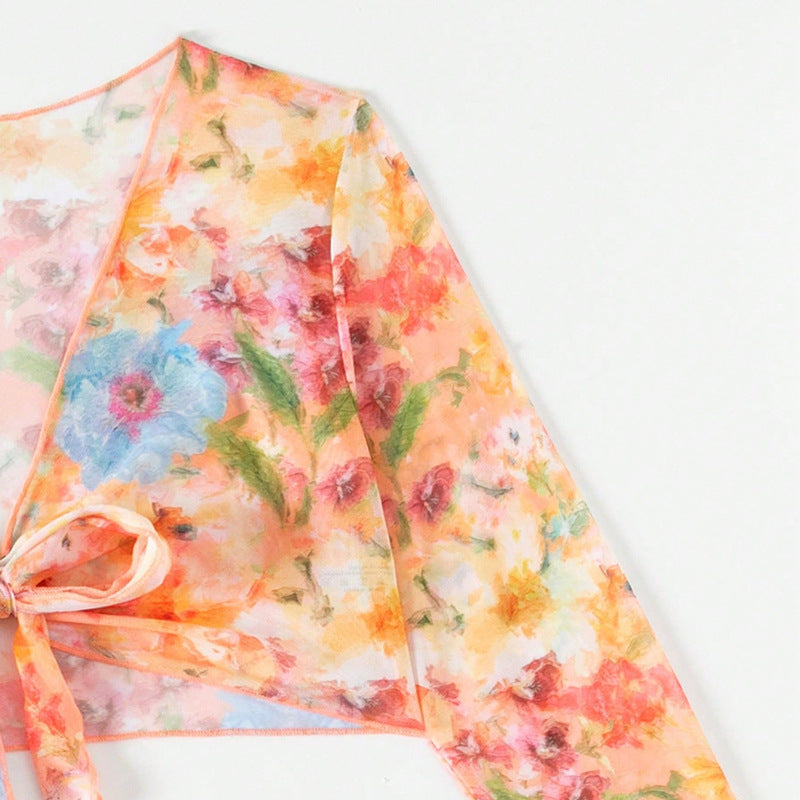 Floral Bikini and Ruffle Cover Up Set - Orange - 5