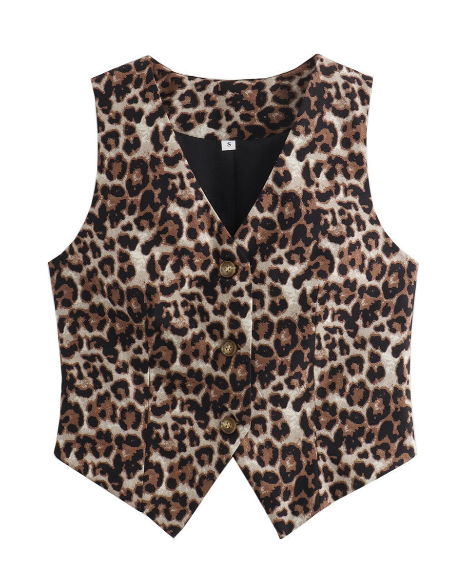 Cropped Leopard Print Button Vest - Decor
