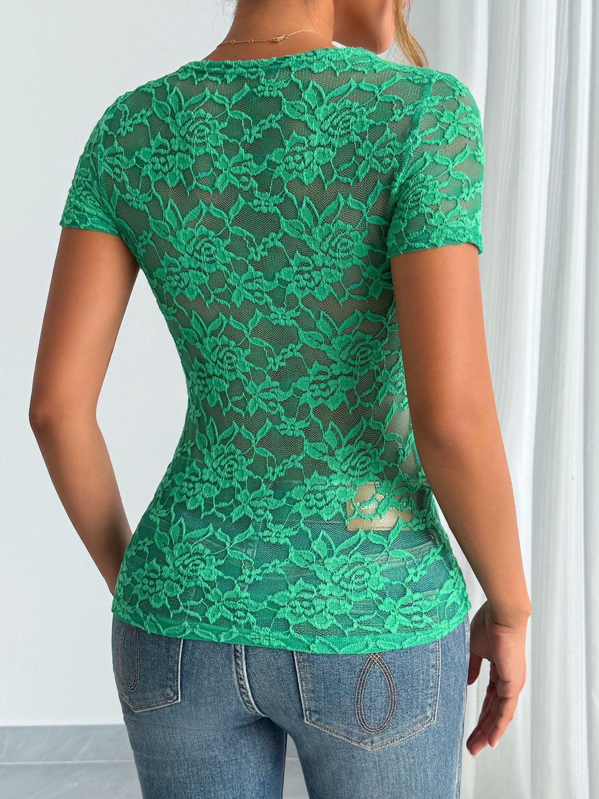 Floral Lace Scalloped V Neck Tee - view 2