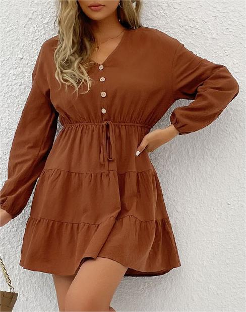 Tiered Drawstring Waist Long Sleeve Mini Dress - BROWN