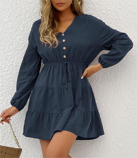 Tiered Drawstring Waist Long Sleeve Mini Dress
