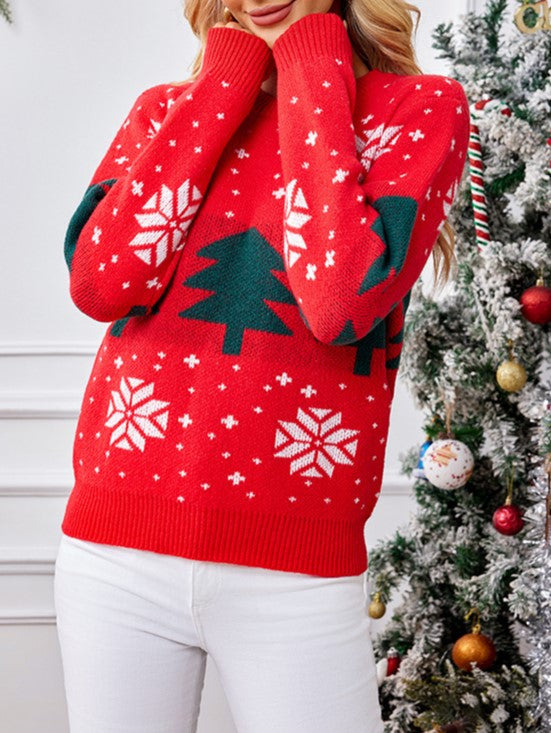 Pine Tree Snowflake Jacquard Knit Sweater - Red