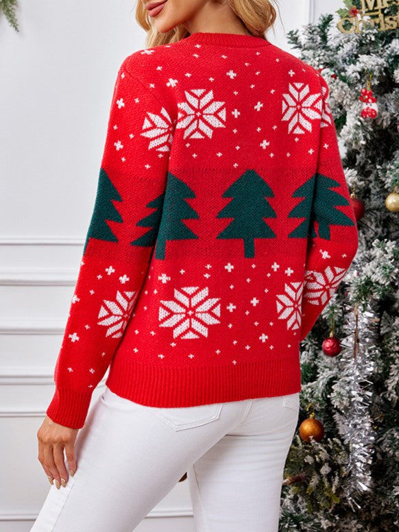 Pine Tree Snowflake Jacquard Knit Sweater - Red - 3