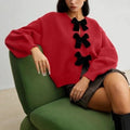 Bow Trim Slouchy Knit Cardigan - Red