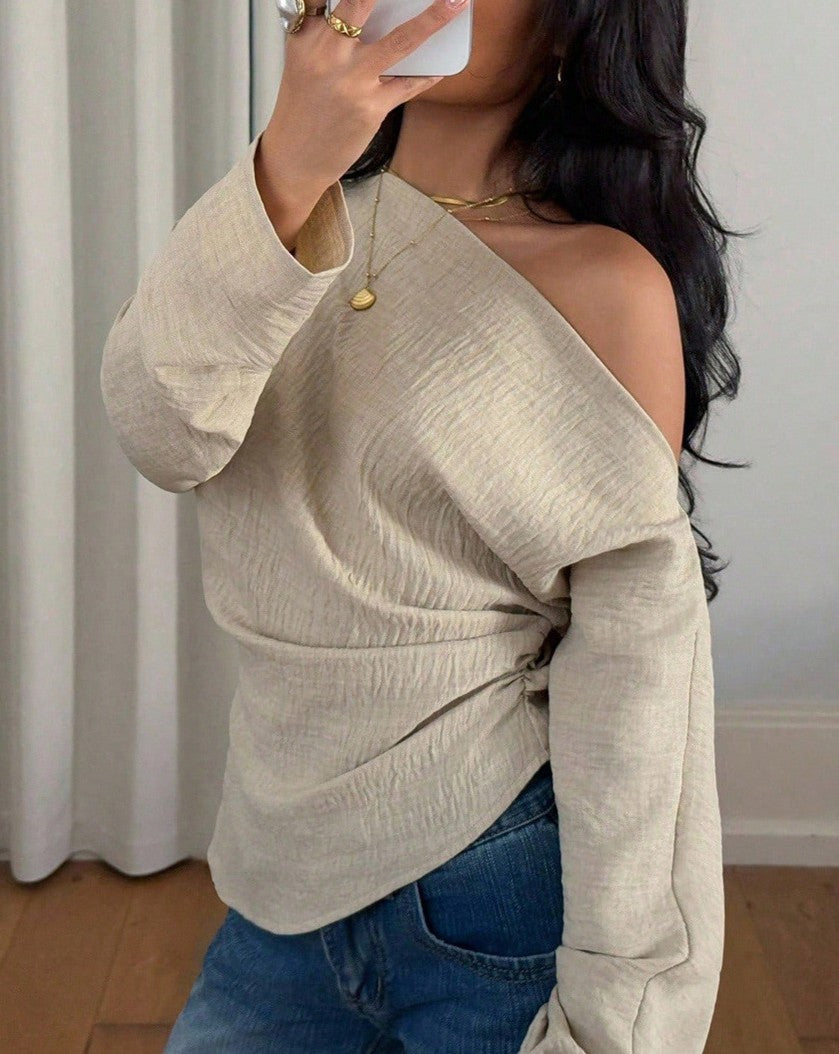 Off Shoulder Twist Front Ribbed Knit Blouse - Apricot - 1
