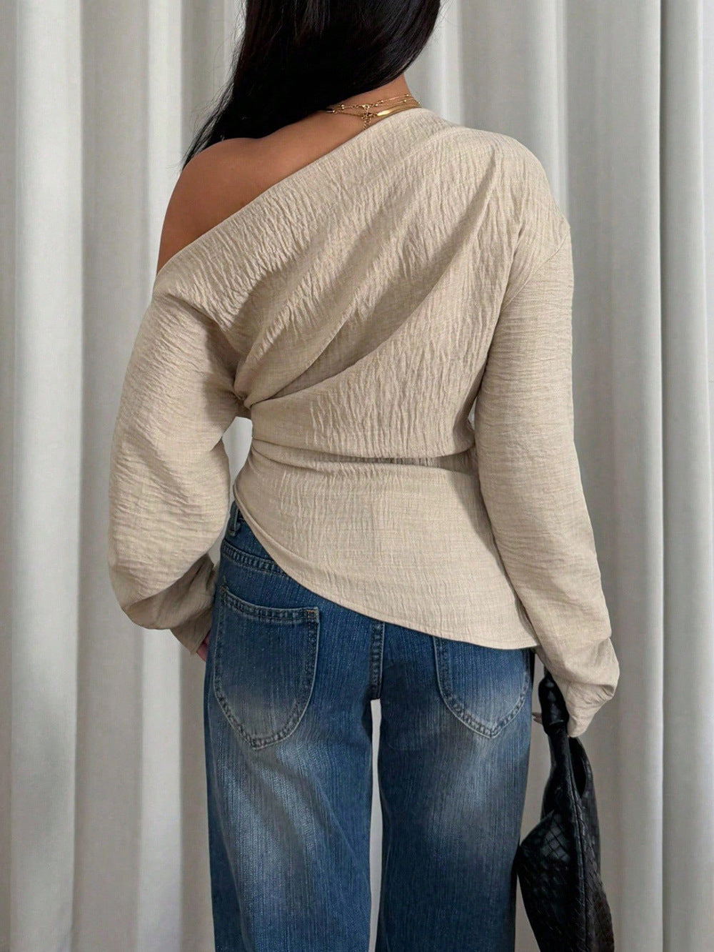 Off Shoulder Twist Front Ribbed Knit Blouse - Apricot - 3