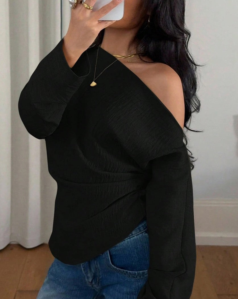 Off Shoulder Twist Front Ribbed Knit Blouse - Black