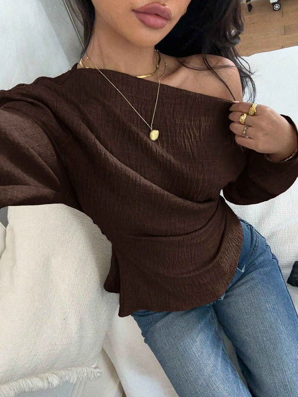 Off Shoulder Twist Front Ribbed Knit Blouse - Curry