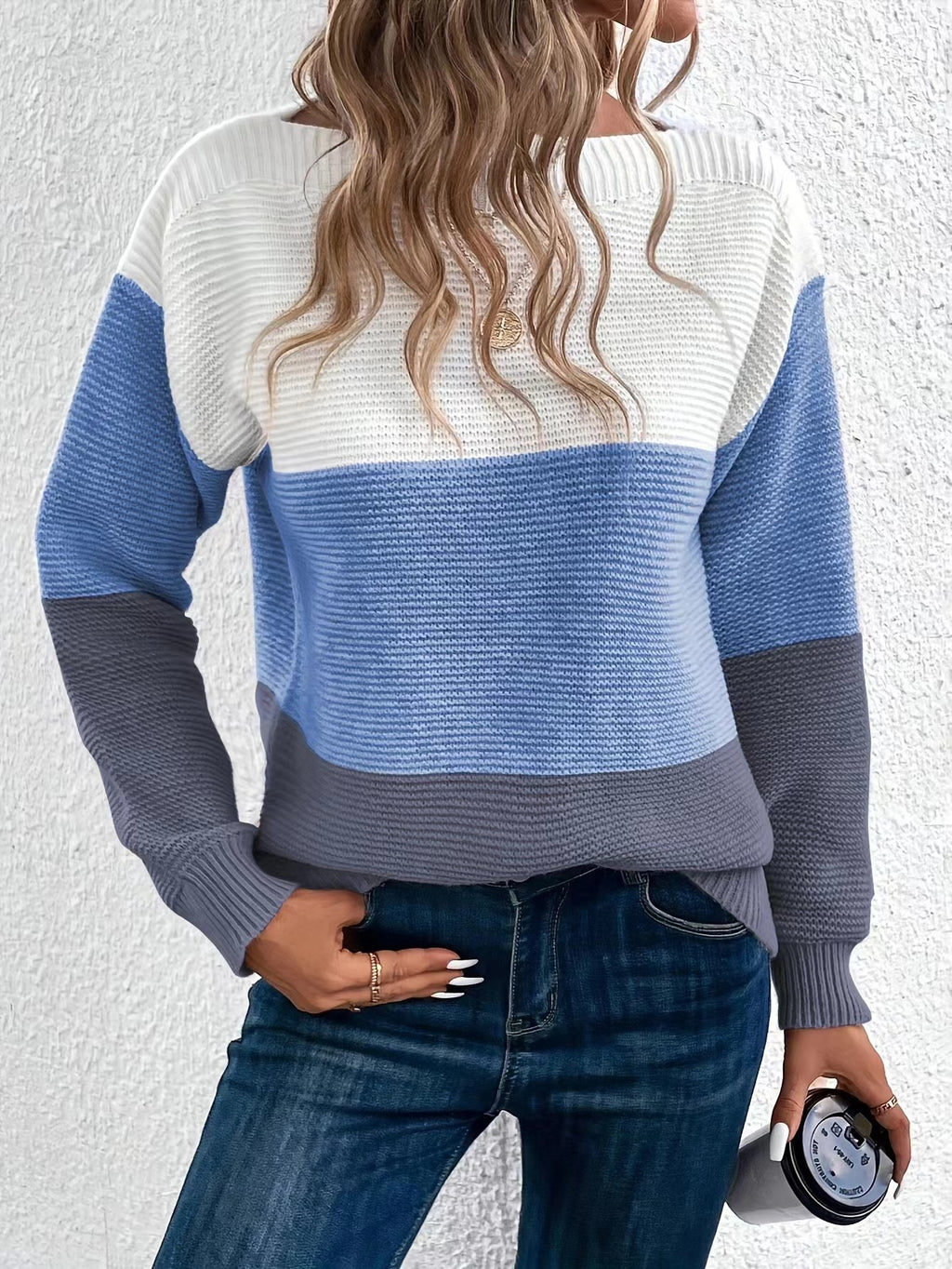 Tri Tone Colorblock Boat Neck Sweater - Blue