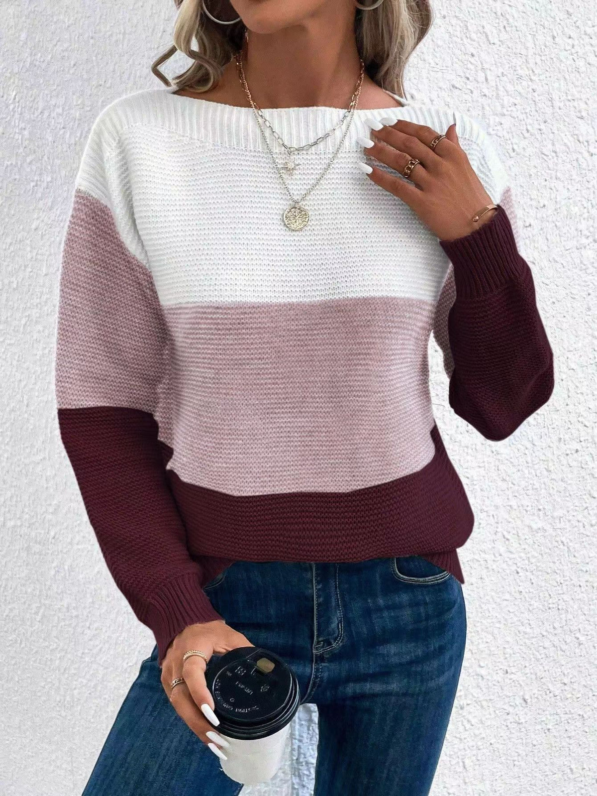 Tri Tone Colorblock Boat Neck Sweater - DeepRed