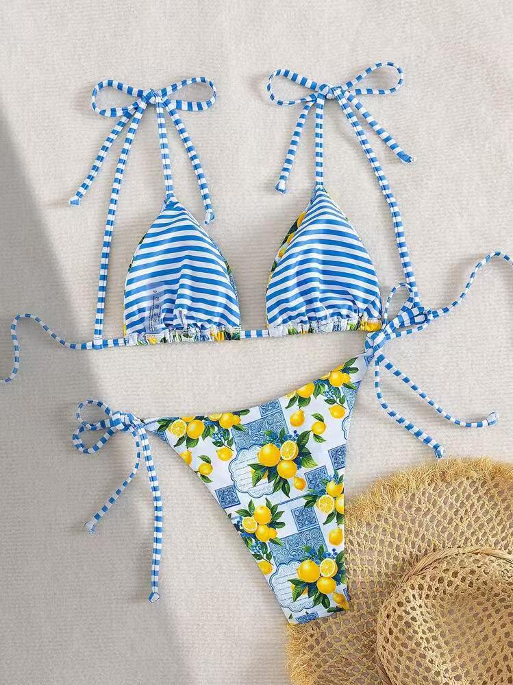 Tropical Fruit Print Tie Side Bikini Set - Blue - 2