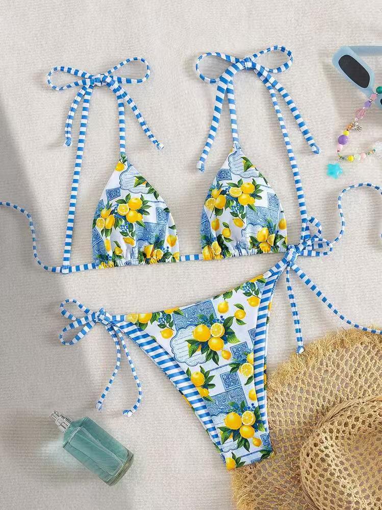 Tropical Fruit Print Tie Side Bikini Set - Blue - 3