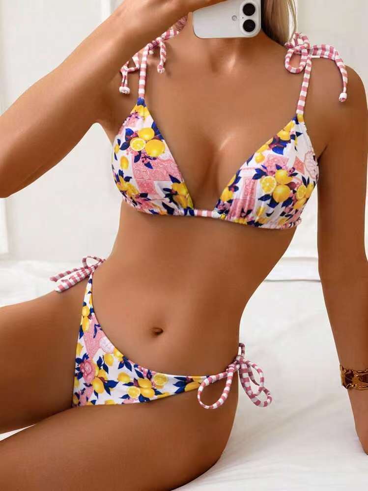 Tropical Fruit Print Tie Side Bikini Set - Pink
