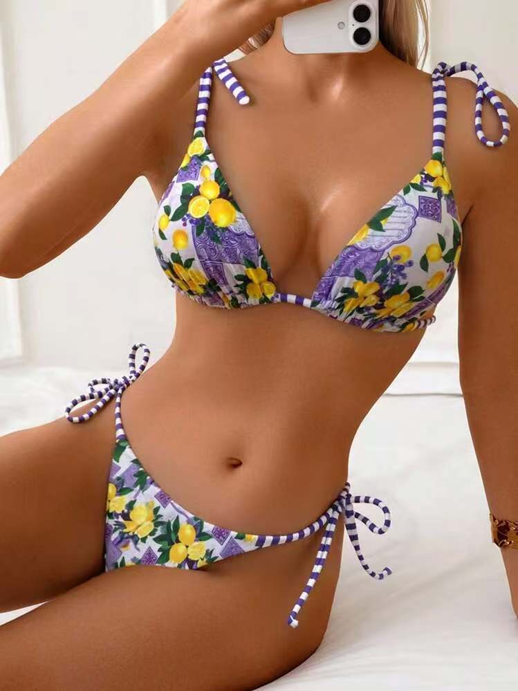 Tropical Fruit Print Tie Side Bikini Set - Purple