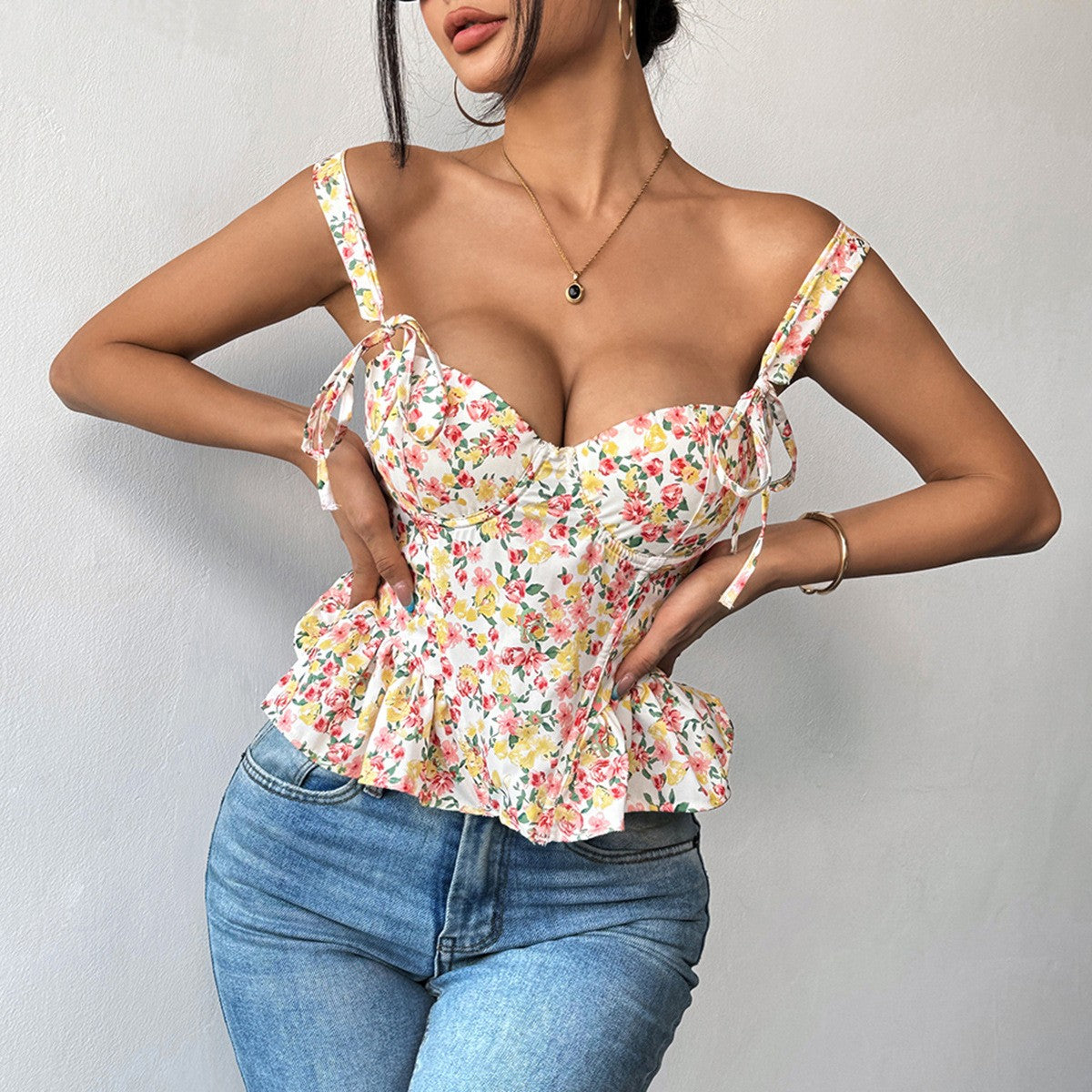 Floral Sweetheart Tie Strap Peplum Corset Top - Multi Floral