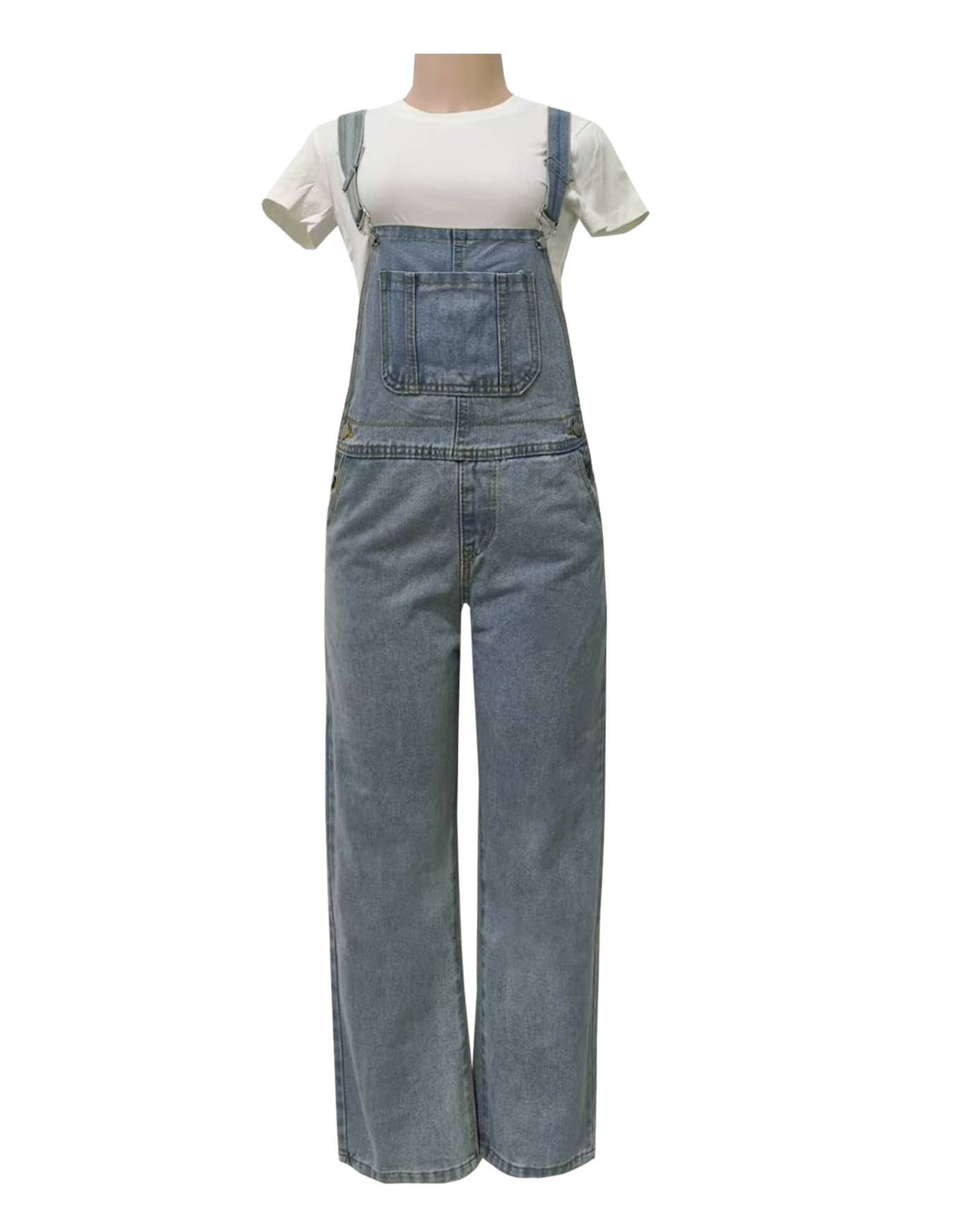 Washed Denim Wide Leg Bib Overalls