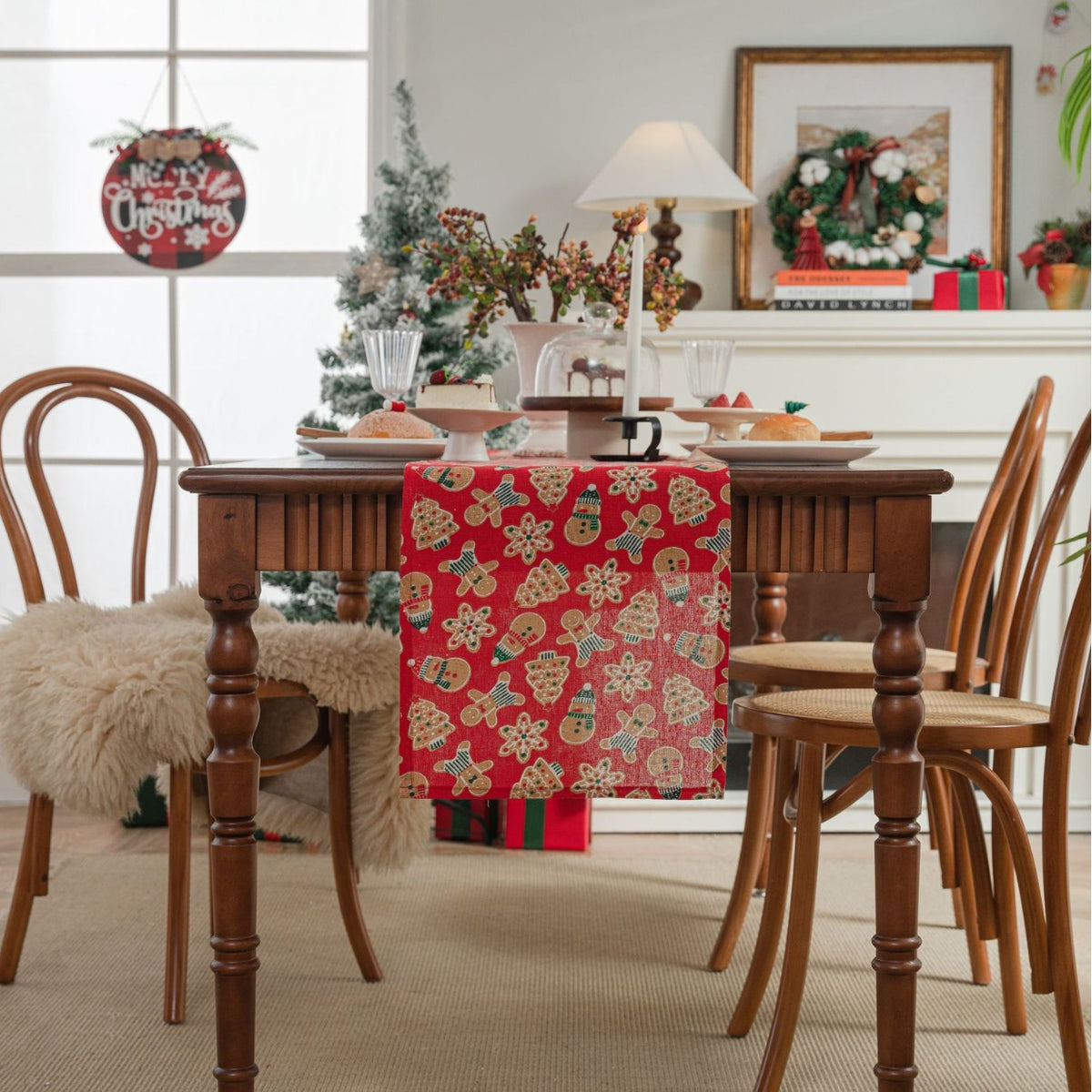 Festive Print Christmas Table Runner Holiday Decor - Red