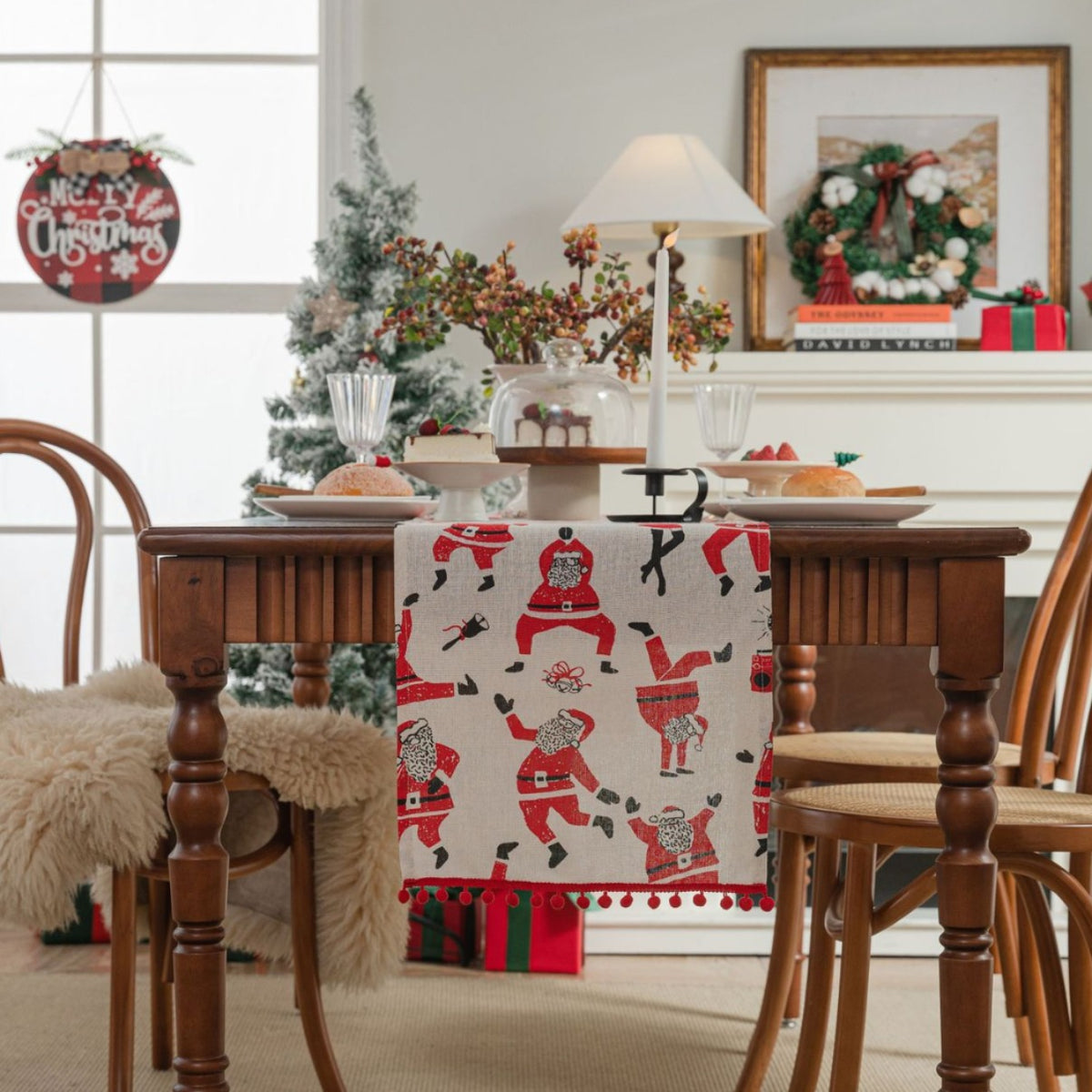 Festive Print Christmas Table Runner Holiday Decor - Santa
