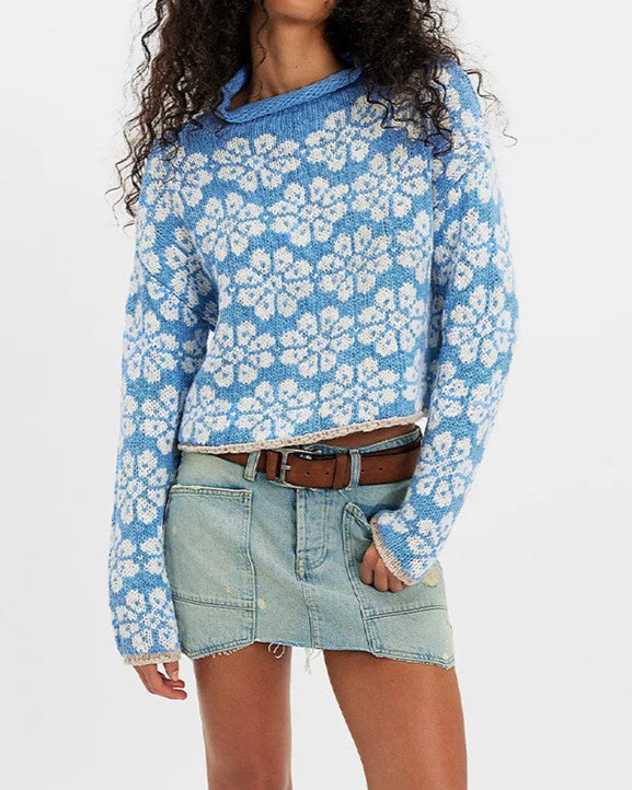 Floral Jacquard Cropped Mock Neck Sweater - Blue