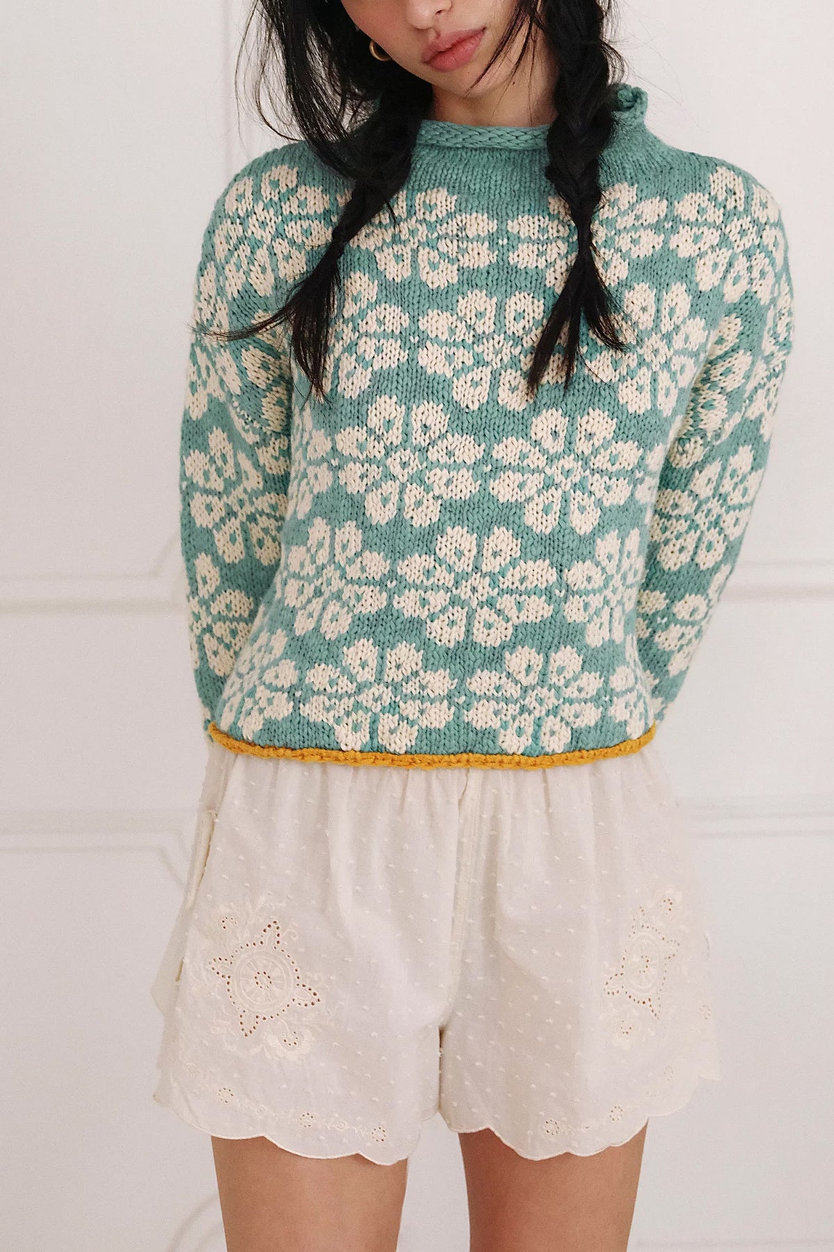 Floral Jacquard Cropped Mock Neck Sweater - Green