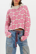 Floral Jacquard Cropped Mock Neck Sweater - Pink