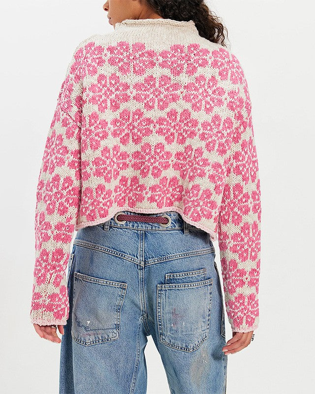 Floral Jacquard Cropped Mock Neck Sweater - Pink - 1