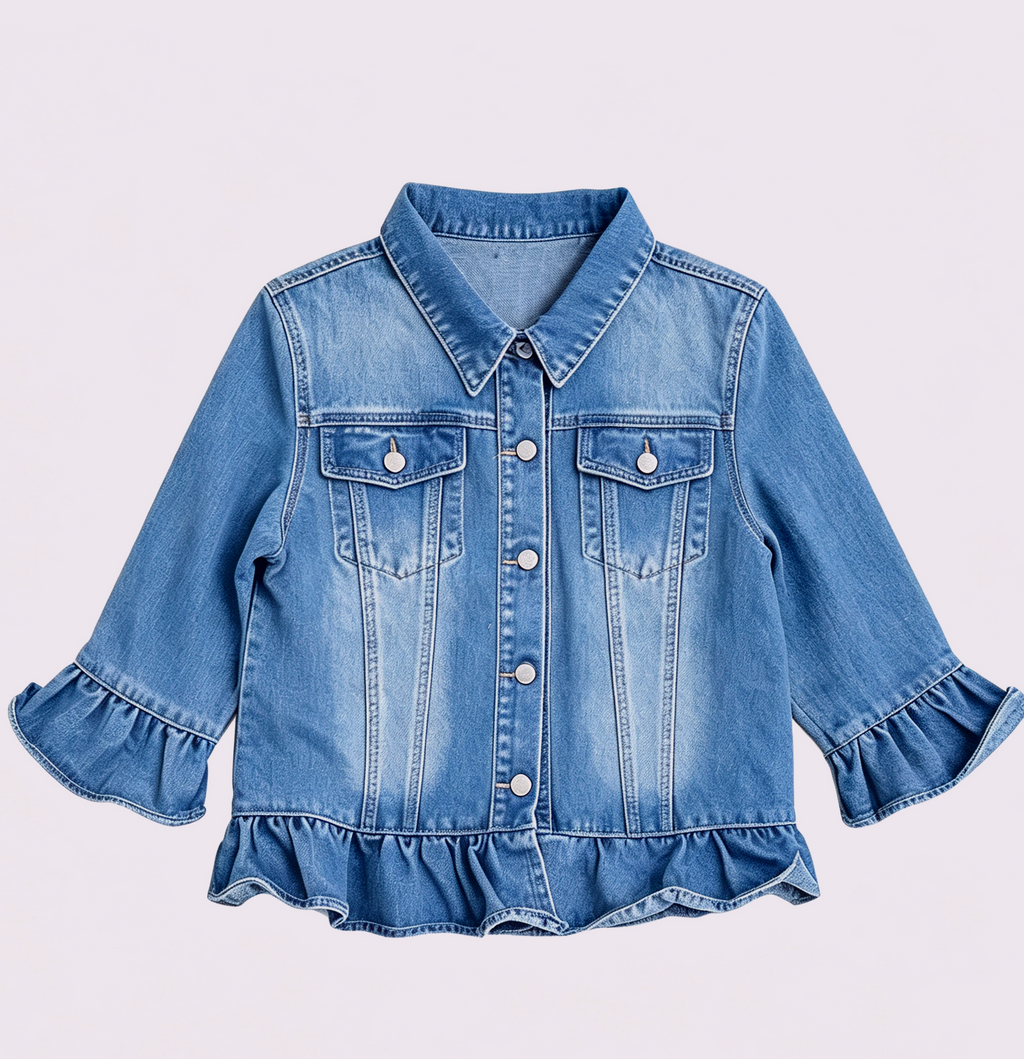 Peplum Ruffle Hem Cropped Denim Jacket - Blue - 1
