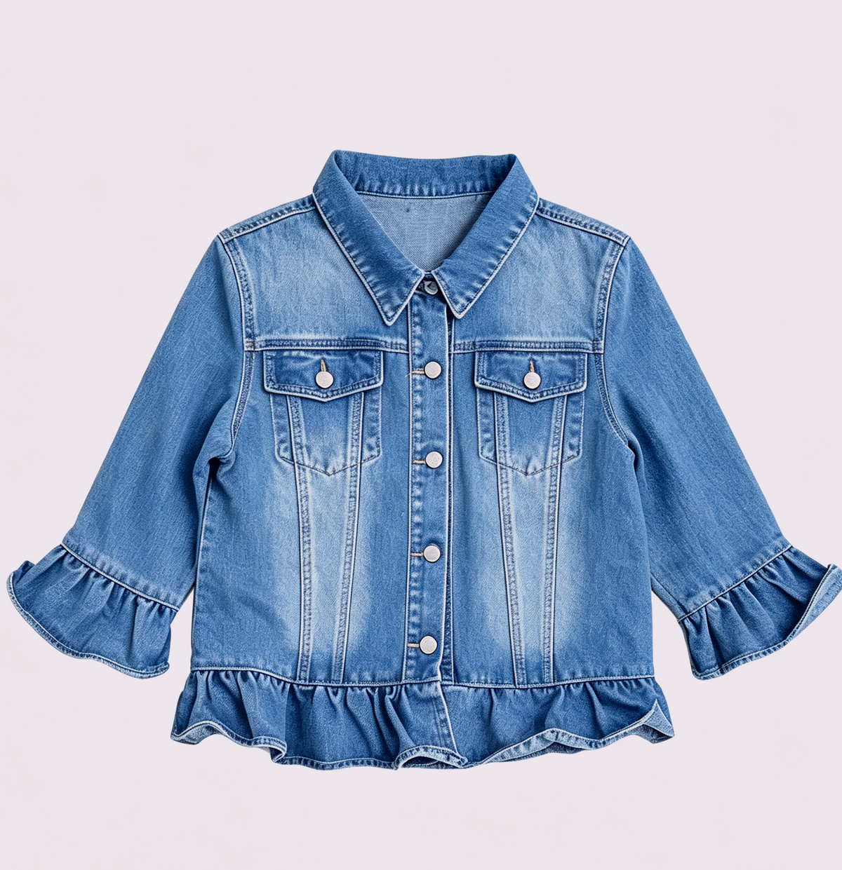 Peplum Ruffle Hem Cropped Denim Jacket - Blue - 1