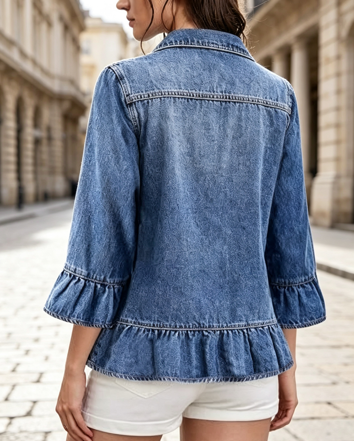 Peplum Ruffle Hem Cropped Denim Jacket - Blue - 2