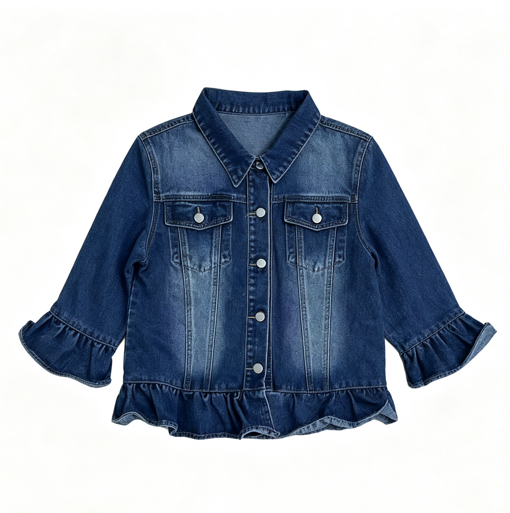 Peplum Ruffle Hem Cropped Denim Jacket - DarkBlue