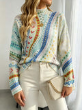 Painterly Folk Knit Mock Neck Sweater - Multi