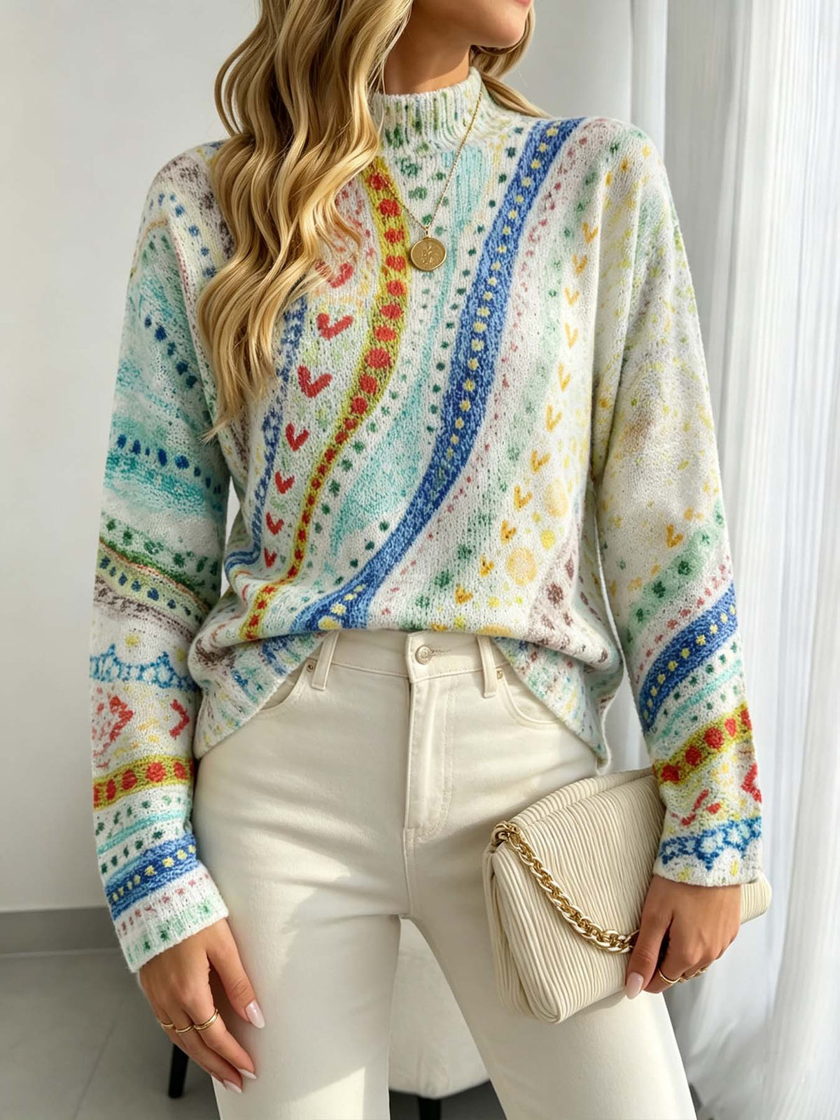 Painterly Folk Knit Mock Neck Sweater - Multi